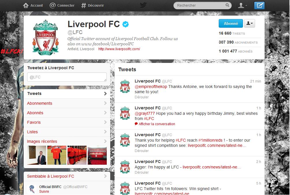 Liverpool offre un maillot dédicacé pour fêter le million de followers sur Twitter