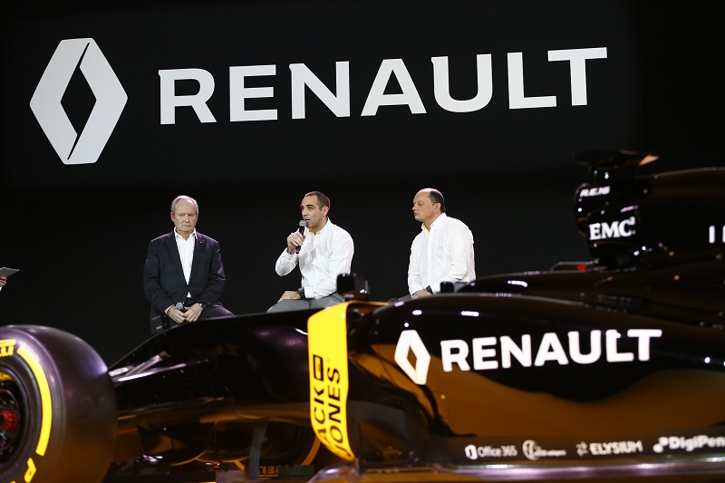 STOLL Jerome (fra) Renault Sport F1 president with ABITEBOUL Cyril (fra) Renault Sport F1 managing director and VASSEUR Frederic (fra) team manager Renault Sport F1 team ambiance portrait during the Renault Sport F1 launch at Guyancourt Technocentre, France on february 3 2016 - Photo Frederic Le Floc'h / DPPI