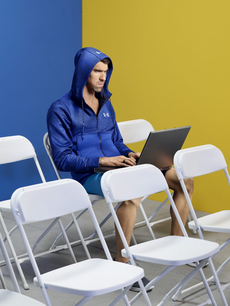 Michael Phelps is on set shooting the latest ads with Intel. The collaboration with Michael Phelps represents the latest evolution in Intel’s integrated marketing campaign with Jim Parsons that showcases better experiences found on new Intel-powered PCs. (Credit: Intel Corporation)