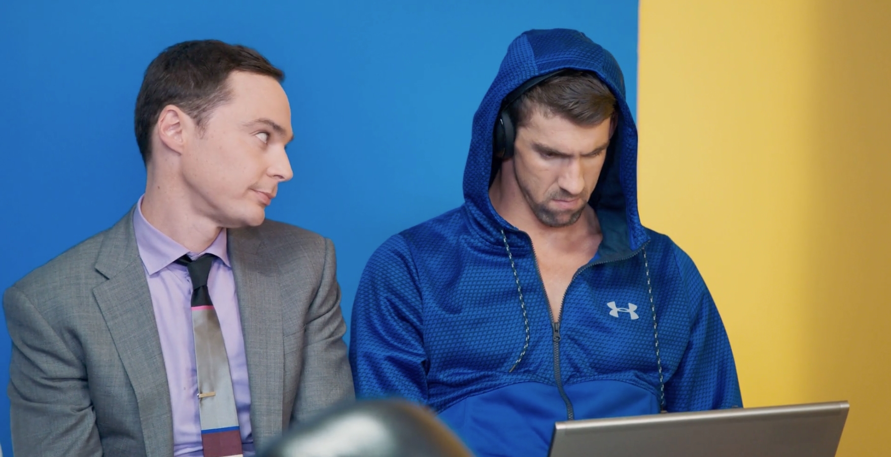 Michael Phelps and Jim Parsons are on set shooting the latest ads with Intel. The collaboration with Michael Phelps represents the latest evolution in Intel’s integrated marketing campaign with Jim Parsons that showcases better experiences found on new Intel-powered PCs. (Credit: Intel Corporation)