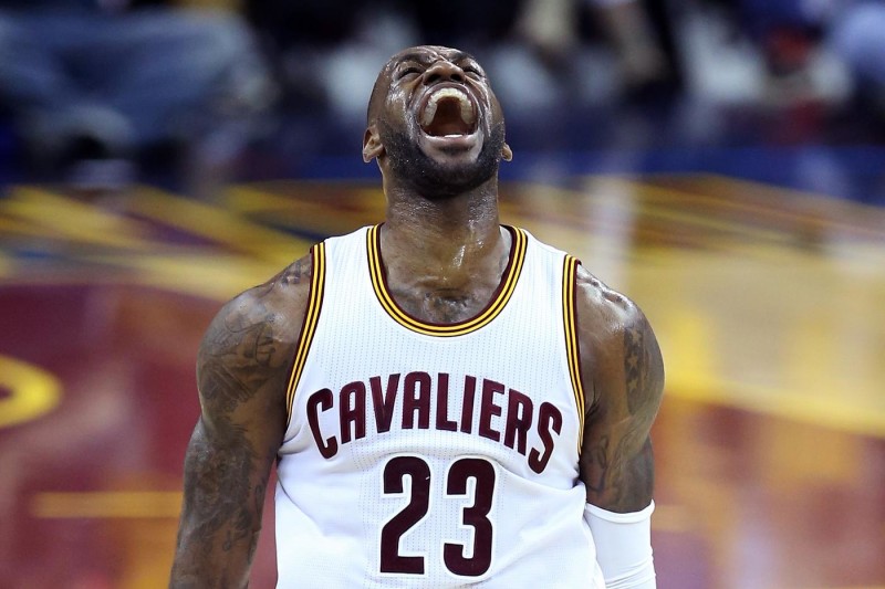 CLEVELAND, OH - MAY 17: LeBron James #23 of the Cleveland Cavaliers reacts after a basket in the second quarter against the Toronto Raptors in game one of the Eastern Conference Finals during the 2016 NBA Playoffs at Quicken Loans Arena on May 17, 2016 in Cleveland, Ohio. NOTE TO USER: User expressly acknowledges and agrees that, by downloading and or using this photograph, User is consenting to the terms and conditions of the Getty Images License Agreement. (Photo by Andy Lyons/Getty Images)