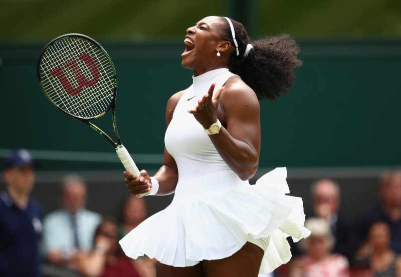 LONDON, ENGLAND - JUNE 28: Serena Williams of The United States reacts during the Ladies Singles first round match against Amra Sadikovic of Switzerland on day two of the Wimbledon Lawn Tennis Championships at the All England Lawn Tennis and Croquet Club on June 28, 2016 in London, England. (Photo by Clive Brunskill/Getty Images)