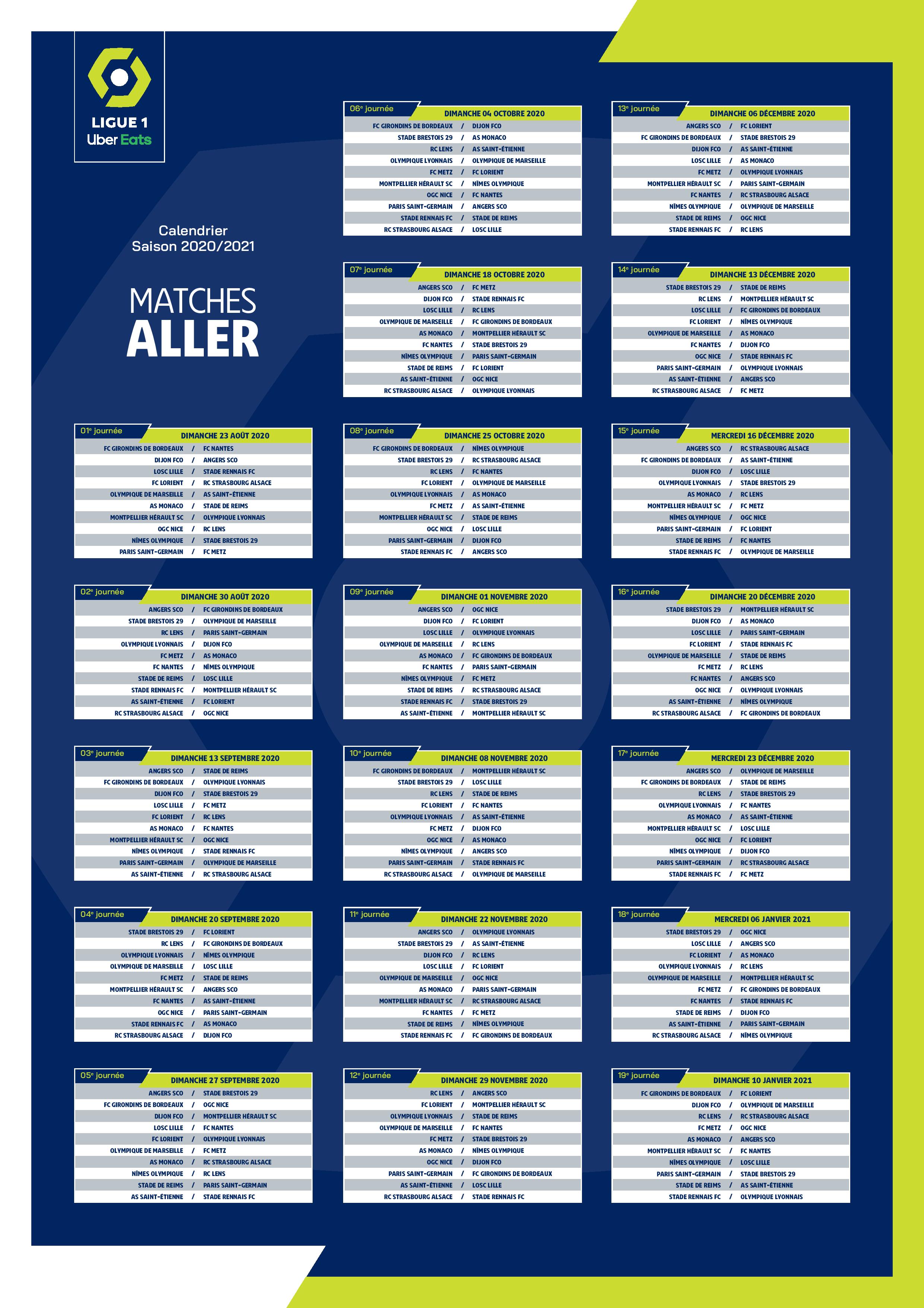 Le calendrier des matchs de Ligue 1 Uber Eats pour 2020 ...