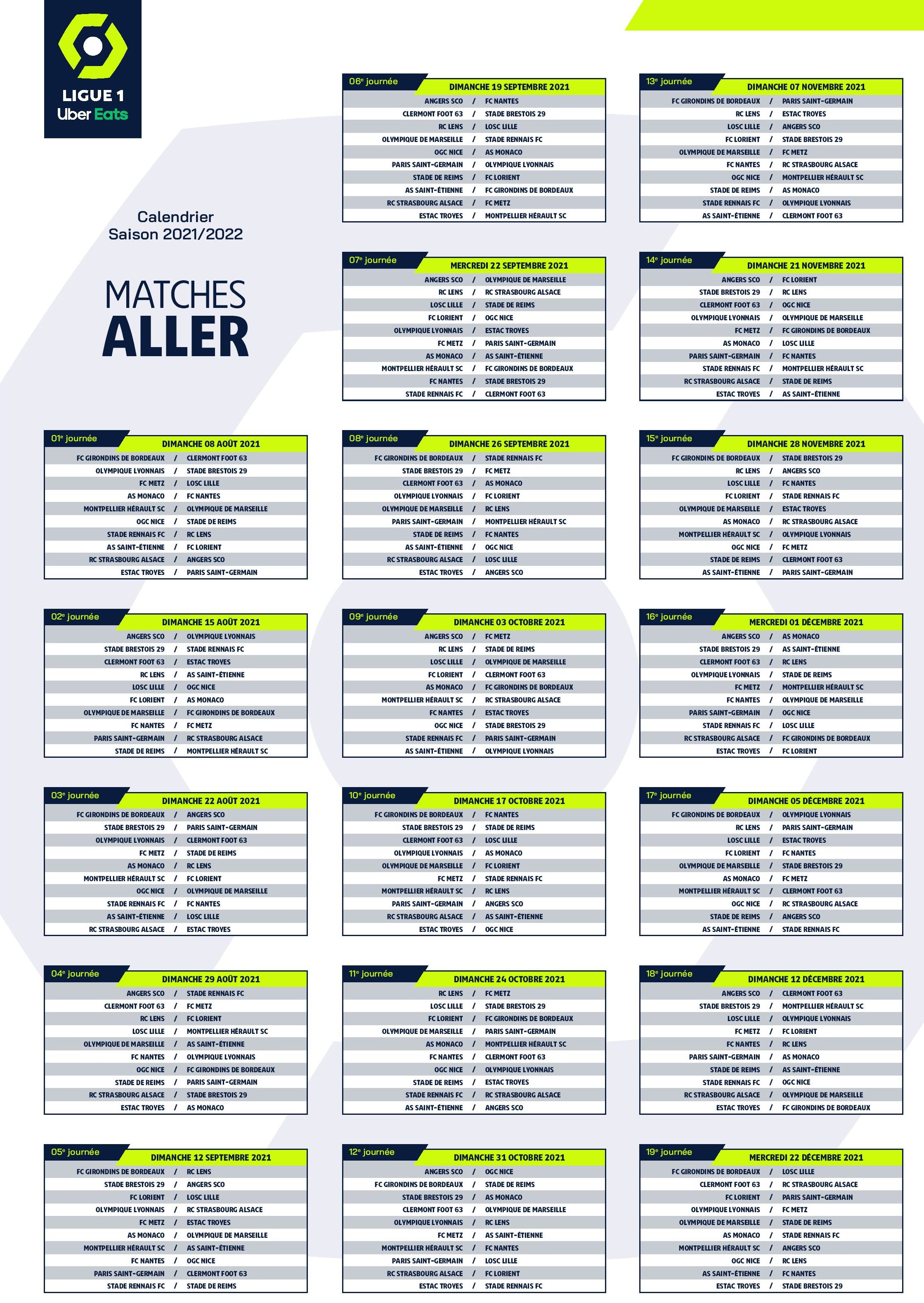 Ligue 1 Uber Eats - Le calendrier des matchs de la saison 2021