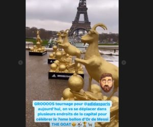 adidas célèbre le Ballon d’Or 2021 de Lionel Messi avec 7 Chèvres en Or au Trocadéro avec vue sur la Tour Eiffel