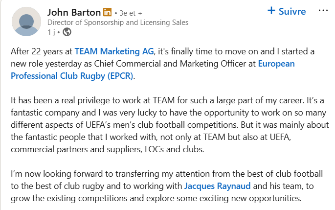 L'European Professional Club Rugby nomme John Barton Directeur commercial et marketing