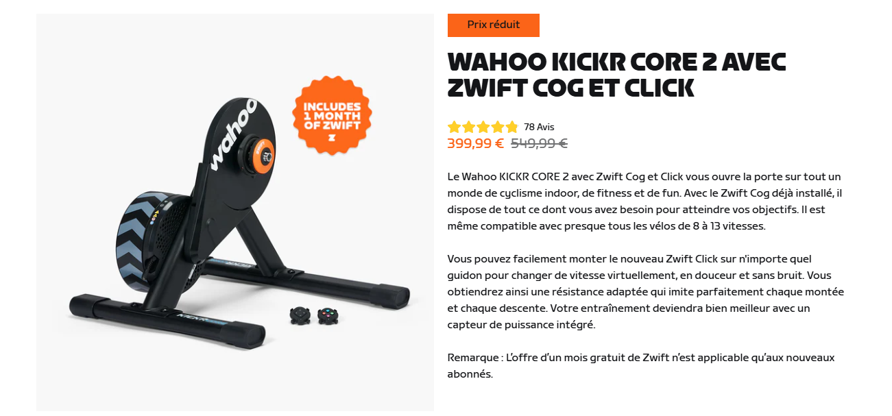 Wahoo KICKR CORE 2 avec Zwift Cog et Click