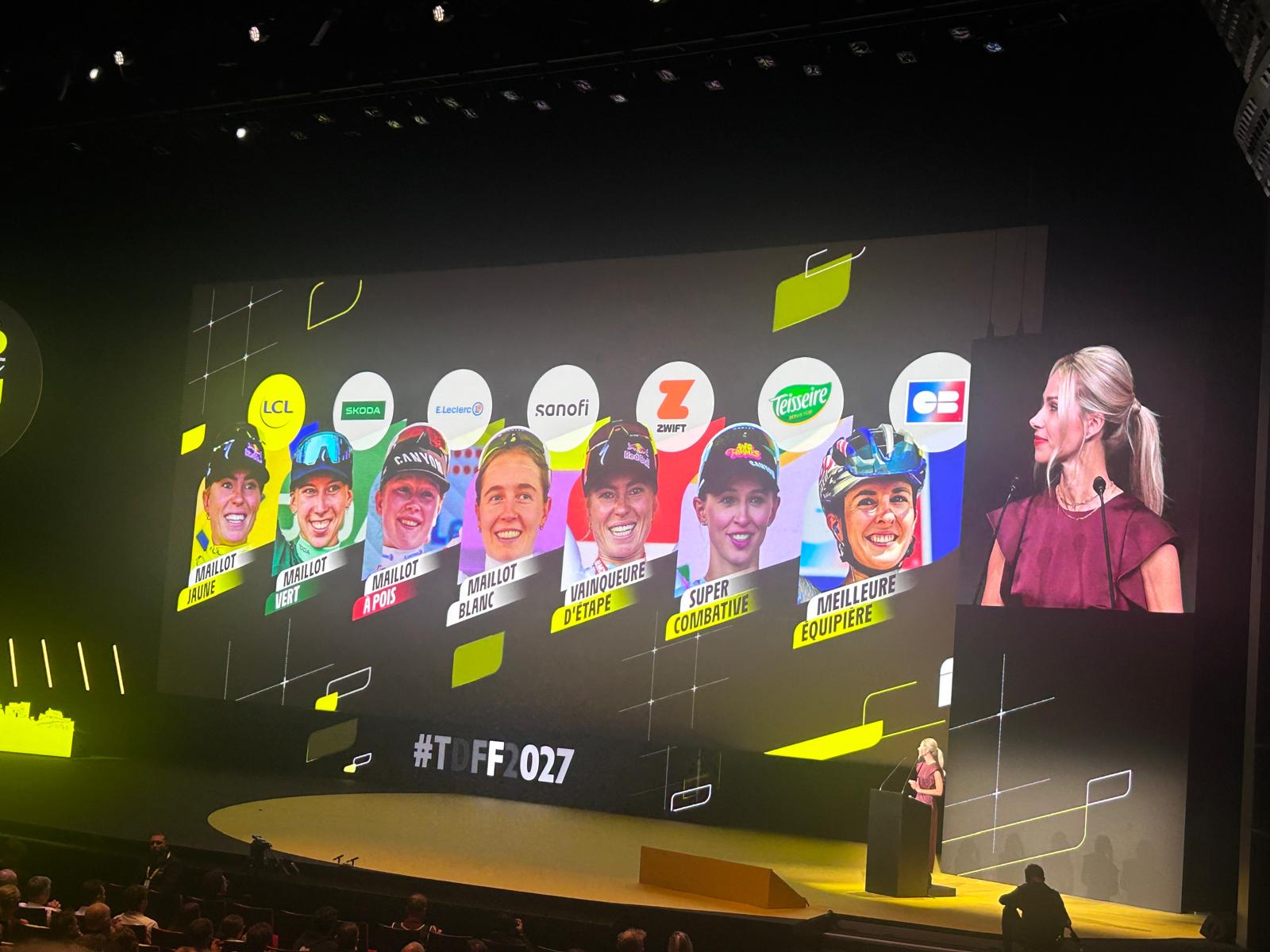 Présentation des partenaires associés aux différents classements et distinctions du Tour de France Femmes 2027 : LCL, Škoda, E.Leclerc, Sanofi, Zwift, Teisseire et CB.